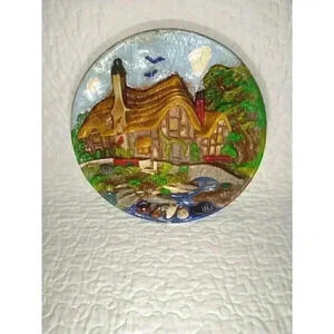 Vintage 3-D Thatch Roof Hut Scene Wall Hanging Plate Hand Painted Cottagecore